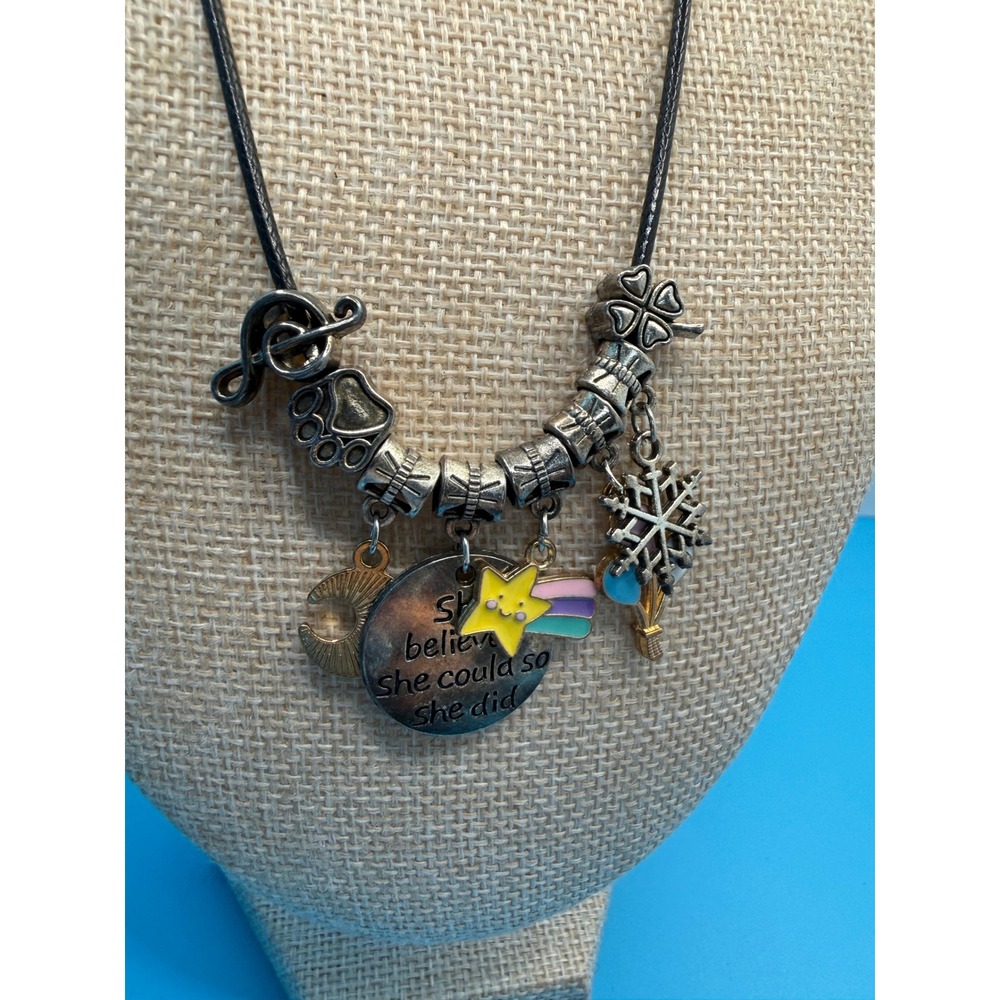 She Believed She Could So She Did Charm Necklace Black Cord Inspirational Star